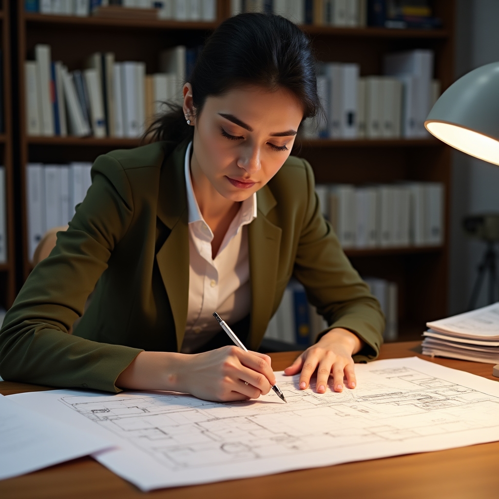 Energy consultant reviewing detailed architectural and thermal plans at a professional desk