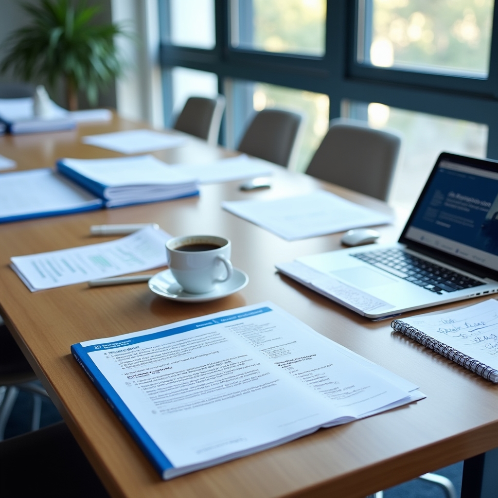 Overview of EU energy fund documents and application materials laid out on a professional desk