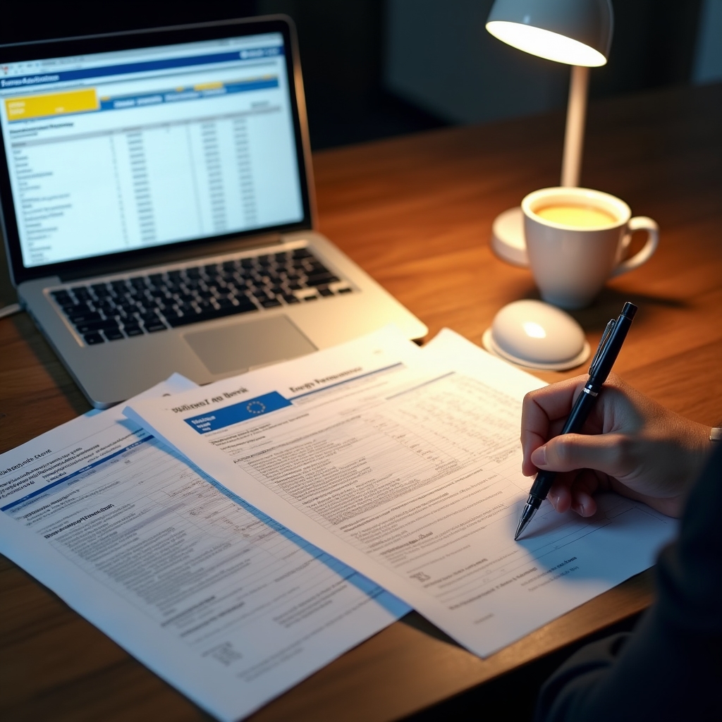 Energy consultant preparing EU fund application documents at a professional workspace