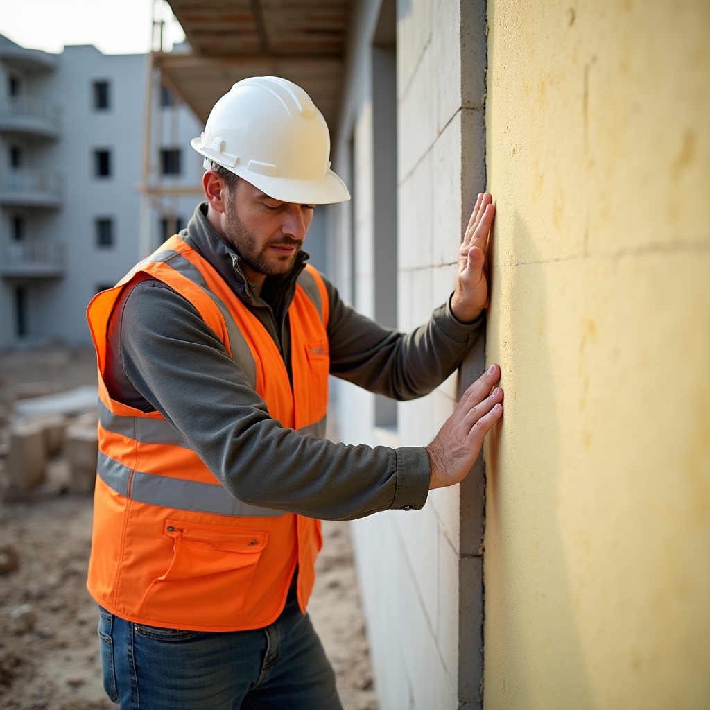 Construction worker applying thermal insulation panels to a new residential building wall