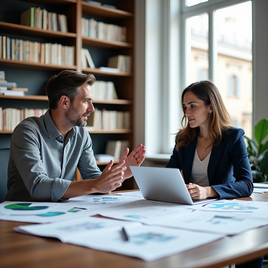 Energy consulting team discussing building plans in a professional office environment